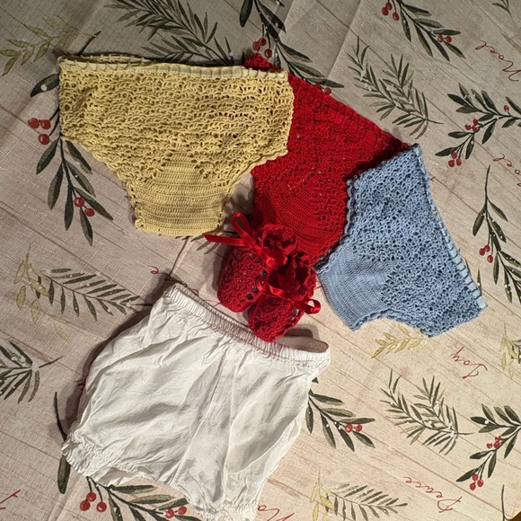 Vintage Handmade Crochet Baby Bloomers Set (Yellow Red Blue) + Red Booties